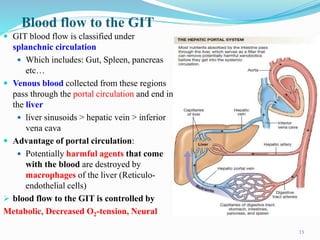 Blood flow to the GIT
 GIT blood flow is classified under
splanchnic circulation
 Which includes: Gut, Spleen, pancreas
etc…
 Venous blood collected from these regions
pass through the portal circulation and end in
the liver
 liver sinusoids > hepatic vein > inferior
vena cava
 Advantage of portal circulation:
 Potentially harmful agents that come
with the blood are destroyed by
macrophages of the liver (Reticulo-
endothelial cells)
 blood flow to the GIT is controlled by
Metabolic, Decreased O2-tension, Neural
15
 