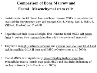 Comparison of Bone Marrow and
Foetal Mesenchymal stem cell:
• First-trimester foetal blood, liver and bone marrow MSCs express baseline
levels of the pluripotency stem cell markers Oct-4, Nanog, Rex-1, SSEA-3,
SSEA-4, Tra-1-60 and Tra-1-81.
• Regardless of their tissue of origin, first-trimester foetal MSCs self-renew
faster in culture than senesce later than adult mesenchymal stem cells.
• They have an highly active telomerase and express low levels of HLA I and
lack intracellular HLA II than adult MSCs (Gotherstrom et al. 2004).
• Foetal MSCs have significantly greater binding to their respective
extracellular matrix ligands than adult MSCs and thus helps in homing of
implanted tissues (de la Fuente et al. 2003).
 