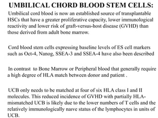 UMBILICAL CHORD BLOOD STEM CELLS:
Umbilical cord blood is now an established source of transplantable
HSCs that have a greater proliferative capacity, lower immunological
reactivity and lower risk of graft-versus-host disease (GVHD) than
those derived from adult bone marrow.
Cord blood stem cells expressing baseline levels of ES cell markers
such as Oct-4, Nanog, SSEA-3 and SSEA-4 have also been described
In contrast to Bone Marrow or Peripheral blood that generally require
a high degree of HLA match between donor and patient .
UCB only needs to be matched at four of six HLA class I and II
molecules. This reduced incidence of GVHD with partially HLA-
mismatched UCB is likely due to the lower numbers of T cells and the
relatively immunologically naıve status of the lymphocytes in units of
UCB.
 