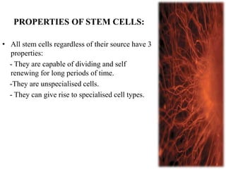 PROPERTIES OF STEM CELLS:
• All stem cells regardless of their source have 3
properties:
- They are capable of dividing and self
renewing for long periods of time.
-They are unspecialised cells.
- They can give rise to specialised cell types.
 