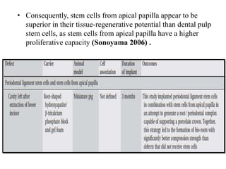 • Consequently, stem cells from apical papilla appear to be
superior in their tissue-regenerative potential than dental pulp
stem cells, as stem cells from apical papilla have a higher
proliferative capacity (Sonoyama 2006) .
 