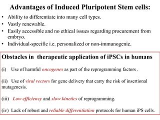 Advantages of Induced Pluripotent Stem cells:
• Ability to differentiate into many cell types.
• Vastly renewable.
• Easily accessible and no ethical issues regarding procurement from
embryo.
• Individual-specific i.e. personalized or non-immunogenic.
Obstacles in therapeutic application of iPSCs in humans
(i) Use of harmful oncogenes as part of the reprogramming factors .
(ii) Use of viral vectors for gene delivery that carry the risk of insertional
mutagenesis.
(iii) Low efficiency and slow kinetics of reprogramming.
(iv) Lack of robust and reliable differentiation protocols for human iPS cells.
 