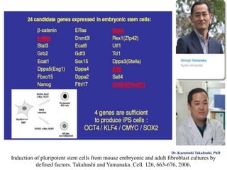 Induction of pluripotent stem cells from mouse embryonic and adult fibroblast cultures by
defined factors. Takahashi and Yamanaka. Cell. 126, 663-676, 2006.
Dr. Kazutoshi Takahashi, PhD
 
