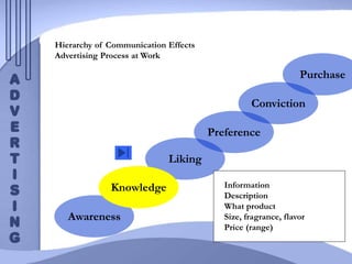 Knowledge
Hierarchy of Communication Effects
Advertising Process at Work
Awareness
Liking
Preference
Conviction
Purchase
Knowledge Information
Description
What product
Size, fragrance, flavor
Price (range)
 