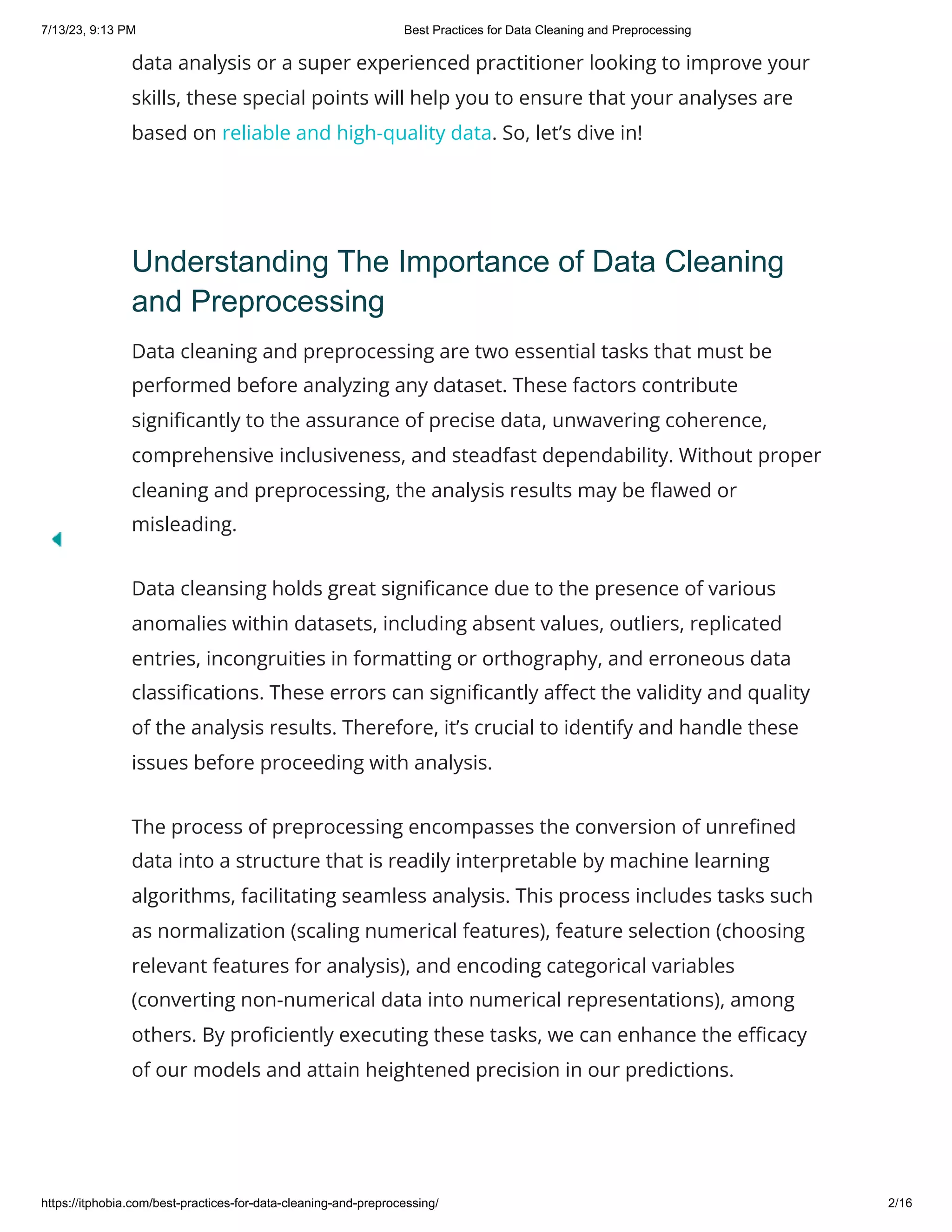 Best Practices for Data Cleaning and Preprocessing | PDF