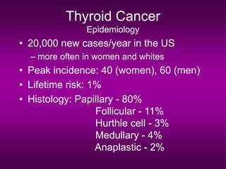 Thyroid Cancer
Epidemiology
• 20,000 new cases/year in the US
– more often in women and whites
• Peak incidence: 40 (women), 60 (men)
• Lifetime risk: 1%
• Histology: Papillary - 80%
Follicular - 11%
Hurthle cell - 3%
Medullary - 4%
Anaplastic - 2%
 