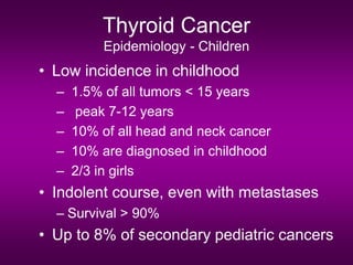 Thyroid Cancer
Epidemiology - Children
• Low incidence in childhood
– 1.5% of all tumors < 15 years
– peak 7-12 years
– 10% of all head and neck cancer
– 10% are diagnosed in childhood
– 2/3 in girls
• Indolent course, even with metastases
– Survival > 90%
• Up to 8% of secondary pediatric cancers
 