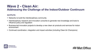 OUTPUTS
 Networks to build the interdisciplinary community
 Interdisciplinary research and innovation consortia to generate new knowledge and tools to
influence policy and regulation
 Business-led innovation projects to develop a new clean air products and services for indoor
environment
 Continued coordination, integration and impact activities (including Clean Air Champions)
Wave 2 - Clean Air:
Addressing the Challenge of the Indoor/Outdoor Continuum
 