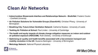 Clean Air Networks
 Indoor/outdoor Bioaerosols Interface and Relationships Network – BioAirNet: Frederic Coulon
- Cranfield University
 Air Pollution Solutions for Vulnerable Groups (CleanAir4V): Christian Pfrang - University of
Birmingham
 Breathing City: Future Urban Ventilation Network: Catherine Noakes - University of Leeds
 Tackling Air Pollution at School: Paul Linden - University of Cambridge
 The health and equity impacts of climate change mitigation measures on indoor and outdoor
air pollution exposure (HEICCAM): Ruth Doherty - University of Edinburgh
 Optimising air quality and health benefits associated with a low-emission transport and
mobility revolution in the UK: Suzanne Bartington - University of Birmingham
 Metrology Network: National Physical Laboratory
 