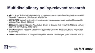Multidisciplinary policy-relevant research
 APEx: An Air Pollution Exposure model to integrate protection of vulnerable groups into the UK
Clean Air Programme. (Ben Barratt, MRC CEH)
 ANTICIPATE: Actively anticipating the unintended consequences on air quality of future public
policies (Nigel Gilbert, CECAN)
 DREaM: Component-Specific Air pollutant Drivers of Disease Risk in Early to Midlife: a pathway
approach (Ian Mudway, MRC CEH)
 OSCA: Integrated Research Observation System for Clean Air (Hugh Coe, NERC Air pollution
supersites)
 QUANT: Quantification of Utility of Atmospheric Network Technologies. (Pete Edwards, NCAS)
 