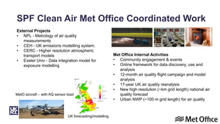 SPF Clean Air Met Office Coordinated Work
External Projects
• NPL - Metrology of air quality
measurements
• CEH - UK emissions modelling system.
• CERC - Higher resolution atmospheric
transport models
• Exeter Univ - Data integration model for
exposure modelling
Met Office Internal Activities
• Community engagement & events
• Online framework for data discovery, use and
analysis
• 12-month air quality flight campaign and model
analysis
• 17-year UK air quality reanalysis
• New high resolution (~km grid length) national air
quality forecast
• Urban NWP (~100 m grid length) for air quality
UK forecasting/modelling
MetO aircraft – with AQ sensor load
 