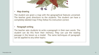 • Map drawing
The student are given a map with the geographical features unnamed.
The teacher gives directions to the students. The student can have a
completely labeled map if they follow his instruction correct.
• Paragraph writing
The teacher asks students to write a paragraph in their own words. The
student can do this from their memory. They can use the reading
passage in the lesson as a model. The same techniques of paragraph
can be applied to any other topics.
Presentation title 11
 