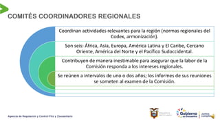 COMITÉS COORDINADORES REGIONALES
Coordinan actividades relevantes para la región (normas regionales del
Codex, armonización).
Son seis: África, Asia, Europa, América Latina y El Caribe, Cercano
Oriente, América del Norte y el Pacífico Sudoccidental.
Contribuyen de manera inestimable para asegurar que la labor de la
Comisión responda a los intereses regionales.
Se reúnen a intervalos de uno o dos años; los informes de sus reuniones
se someten al examen de la Comisión.
 