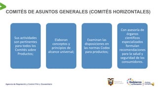 COMITÉS DE ASUNTOS GENERALES (COMITÉS HORIZONTALES)
Sus actividades
son pertinentes
para todos los
Comités sobre
Productos;
Elaboran
conceptos y
principios de
alcance universal;
Examinan las
disposiciones en
las normas Codex
para productos;
Con asesoría de
órganos
científicos
especializados
formulan
recomendaciones
para la salud y
seguridad de los
consumidores.
 