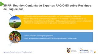 JMPR: Reunión Conjunta de Expertos FAO/OMS sobre Residuos
de Plaguicidas
- Examina los aspectos analíticos y relacionados con los residuos de los plaguicidas:
• Estudia datos sobre su metabolismo, el destino en el ambiente y las modalidades de uso.
• Establece los Límites Máximos de Residuos - LMR que pudieran producirse como resultado de la
utilización de los plaguicidas con arreglo a unas buenas prácticas agrícolas.
- Examina los datos toxicológicos y conexos.
- Estima las ingestas diarias admisibles (IDA) de plaguicidas para las personas.
 