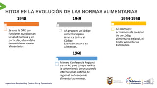 1948
Se crea la OMS con
funciones que abarcan
la salud humana y, en
particular, el mandato
de establecer normas
alimentarias.
1949
AR propone un código
alimentario para
América Latina, el
Código
Latinoamericano de
Alimentos.
1954-1958
AT promueve
activamente la creación
de un código
alimentario regional, el
Codex Alimentarius
Europaeus.
1960
Primera Conferencia Regional
de la FAO para Europa ratifica
la conveniencia de un acuerdo
internacional, distinto del
regional, sobre normas
alimentarias mínimas.
HITOS EN LA EVOLUCIÓN DE LAS NORMAS ALIMENTARIAS
 