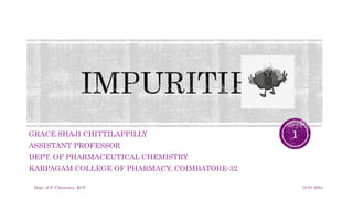 GRACE SHAJI CHITTILAPPILLY
ASSISTANT PROFESSOR
DEPT. OF PHARMACEUTICAL CHEMISTRY
KARPAGAM COLLEGE OF PHARMACY, COIMBATORE-32
12-01-2024
Dept. of P. Chemistry, KCP
1
 