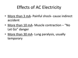 Effects of AC Electricity
• More than 3 mA- Painful shock- cause indirect
accident
• More than 10 mA- Muscle contraction – “No
Let Go” danger
• More than 30 mA- Lung paralysis, usually
temporary
 
