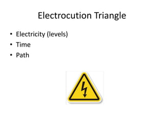 Electrocution Triangle
• Electricity (levels)
• Time
• Path
 