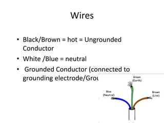 Wires
• Black/Brown = hot = Ungrounded
Conductor
• White /Blue = neutral
• Grounded Conductor (connected to
grounding electrode/Grounding rod)
 