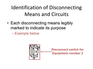 Identification of Disconnecting
Means and Circuits
• Each disconnecting means legibly
marked to indicate its purpose
– Example below
Disconnect switch for
Equipment number 3
 