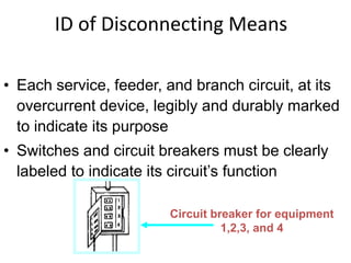 ID of Disconnecting Means
• Each service, feeder, and branch circuit, at its
overcurrent device, legibly and durably marked
to indicate its purpose
• Switches and circuit breakers must be clearly
labeled to indicate its circuit’s function
Circuit breaker for equipment
1,2,3, and 4
 