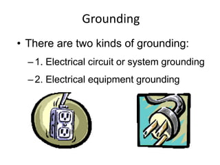 Grounding
• There are two kinds of grounding:
–1. Electrical circuit or system grounding
–2. Electrical equipment grounding
 