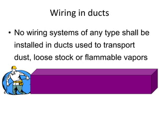 Wiring in ducts
• No wiring systems of any type shall be
installed in ducts used to transport
dust, loose stock or flammable vapors
 