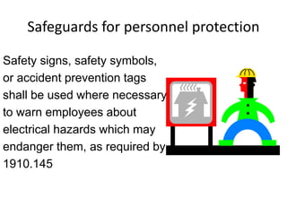 Safeguards for personnel protection
Safety signs, safety symbols,
or accident prevention tags
shall be used where necessary
to warn employees about
electrical hazards which may
endanger them, as required by
1910.145
 