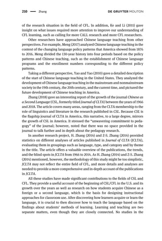 of the research situation in the ﬁeld of CFL. In addition, Ke and Li (2011) gave
insight on what issues required more attention to improve our understanding of
CFL learning, such as calling for more CALL research and more CFL researchers.
Other researchers have approached Chinese language teaching from other
perspectives. For example, Meng (2017) analyzed Chinese language teaching in the
context of the changing language policy patterns that America showed from 1876
to 2016. Meng divided the 130-year history into four periods based on the policy
patterns and Chinese teaching, such as the establishment of Chinese language
programs and the enrollment numbers corresponding to the different policy
patterns.
Taking a different perspective, Yao and Yao (2010) gave a detailed description
of the start of Chinese language teaching in the United States. They analyzed the
development of Chinese language teaching in the mainstream and nonmainstream
society in the 19th century, the 20th century, and the current time, and pictured the
future development of Chinese teaching in America.
Zhang (2018) gave an interesting report of the growth of the journal Chinese as
a Second Language (CSL, formerly titled Journal of CLTA) between the years of 1966
and 2018. The article covers many areas, ranging from the CLTA membership to the
role of linguistics and literature in the research published in CSL. Because CSL is
the ﬂagship journal of CLTA in America, this narrative, to a large degree, mirrors
the growth of CSL in America. It stressed the “unwavering commitment to peda-
gogy” of the journal; however, noted that there was no space provided in the
journal to talk further and in depth about the pedagogy research.
In another research project, H. Zhang (2014) and Z-S. Zhang (2014) provided
statistics on different analyses of articles published in Journal of CLTA (JCLTA),
evaluating them in groupings such as language, type, and category and by theme
in the title. The article offers a valuable overview of the publications, the trends,
and the blind spots in JCLTA from 1966 to 2014. As H. Zhang (2014) and Z-S. Zhang
(2014) mentioned, however, the methodology of this study might be too simplistic,
JCLTA may not reﬂect the entire ﬁeld of CFL, and more details and analyses are
needed to provide a more comprehensive and in-depth account of the publications
in JCLTA.
All these studies have made significant contributions to the fields of CSL and
CFL. They provide a useful account of the beginning of CSL/CFL in the U.S. and its
growth over the years as well as research on how students acquire Chinese as a
foreign or a second language, which is the basis for designing instructional
approaches for classroom use. After discovering how learners acquire or learn the
language, it is crucial to then discover how to teach the language based on the
findings about students’ methods of learning. Learning and teaching are two
separate matters, even though they are closely connected. No studies in the
210 Zhang
 