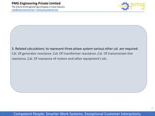 Build World Class Food factories
PMG Engineering Private Limited
The End-to-End Engineering Company in Food Industry
info@pmg.engineering | www.pmg.engineering
Competent People. Smarter Work Systems. Exceptional Customer Interactions.
3. Related calculations: to represent three phase system various other cal. are required:
Cal. Of generator reactance ,Cal. Of transformer reactance ,Cal. Of transmission-line
reactance ,Cal. Of reactance of motors and other equipment's etc.
13
 
