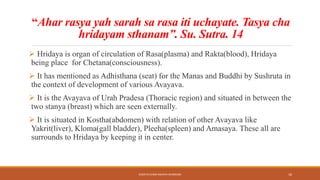 “Ahar rasya yah sarah sa rasa iti uchayate. Tasya cha
hridayam sthanam”. Su. Sutra. 14
 Hridaya is organ of circulation of Rasa(plasma) and Rakta(blood), Hridaya
being place for Chetana(consciousness).
 It has mentioned as Adhisthana (seat) for the Manas and Buddhi by Sushruta in
the context of development of various Avayava.
 It is the Avayava of Urah Pradesa (Thoracic region) and situated in between the
two stanya (breast) which are seen externally.
 It is situated in Kostha(abdomen) with relation of other Avayava like
Yakrit(liver), Kloma(gall bladder), Pleeha(spleen) and Amasaya. These all are
surrounds to Hridaya by keeping it in center.
KOSHTA EVAM ASHAYA SHAREERA 16
 
