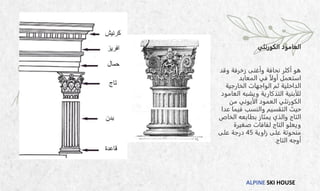 ALPINE SKI HOUSE
‫العامود‬
‫الكورنثي‬
‫وقد‬ ‫زخرفة‬ ‫وأغنى‬ ‫نحافة‬ ‫أكثر‬ ‫هو‬
‫المعابد‬ ‫في‬ ً‫ا‬‫أول‬ ‫استعمل‬
‫الخارجية‬ ‫الواجهات‬ ‫ثم‬ ‫الداخلية‬
‫العام‬ ‫ويشبه‬ ‫التذكارية‬ ‫للأبنية‬
‫ود‬
‫الكورنثي‬
‫من‬ ‫الأيوني‬ ‫العمود‬
‫عدا‬ ‫فيما‬ ‫والنسب‬ ‫التقسيم‬ ‫حيث‬
‫الخاص‬ ‫بطابعه‬ ‫يمتاز‬ ‫والذي‬ ‫التاج‬
‫صغيرة‬ ‫لفافات‬ ‫التاج‬ ‫ويعلو‬
‫زاوية‬ ‫على‬ ‫منحوتة‬
45
‫درجة‬
‫على‬
‫التاج‬ ‫أوجه‬
.
 