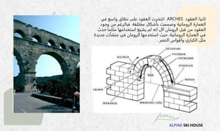 ALPINE SKI HOUSE
‫ثانيا‬
:
‫العقود‬
ARCHES
‫في‬ ‫واسع‬ ‫نطاق‬ ‫على‬ ‫العقود‬ ‫انتشرت‬
‫مختلفة‬ ‫بأشكال‬ ‫وصممت‬ ‫الرومانية‬ ‫العمارة‬
.
‫وج‬ ‫من‬ ‫فبالرغم‬
‫ود‬
‫الرومان‬ ‫قبل‬ ‫من‬ ‫العقود‬
‫اال‬
‫حد‬ ‫مثلما‬ ‫استخدامها‬ ‫يشيع‬ ‫لم‬ ‫انه‬
‫ث‬
‫جد‬ ‫منشآت‬ ‫في‬ ‫الرومان‬ ‫استخدمها‬ ‫حيث‬ ،‫الرومانية‬ ‫العمارة‬ ‫في‬
‫يدة‬
‫النصر‬ ‫واقواس‬ ‫الكباري‬ ‫مثل‬
.
 