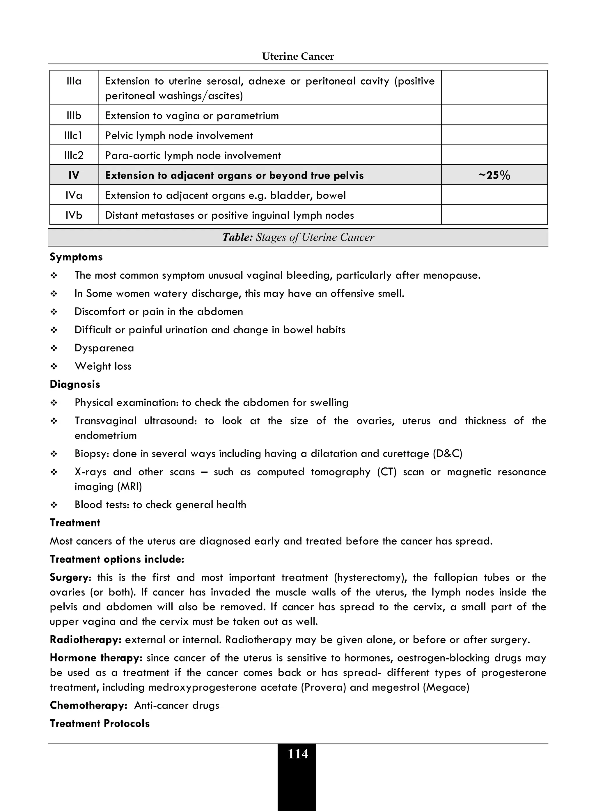 Uterine Cancer
114
IIIa Extension to uterine serosal, adnexe or peritoneal cavity (positive
peritoneal washings/ascites)
IIIb Extension to vagina or parametrium
IIIc1 Pelvic lymph node involvement
IIIc2 Para-aortic lymph node involvement
IV Extension to adjacent organs or beyond true pelvis ~25%
IVa Extension to adjacent organs e.g. bladder, bowel
IVb Distant metastases or positive inguinal lymph nodes
Table: Stages of Uterine Cancer
Symptoms
 The most common symptom unusual vaginal bleeding, particularly after menopause.
 In Some women watery discharge, this may have an offensive smell.
 Discomfort or pain in the abdomen
 Difficult or painful urination and change in bowel habits
 Dysparenea
 Weight loss
Diagnosis
 Physical examination: to check the abdomen for swelling
 Transvaginal ultrasound: to look at the size of the ovaries, uterus and thickness of the
endometrium
 Biopsy: done in several ways including having a dilatation and curettage (D&C)
 X-rays and other scans – such as computed tomography (CT) scan or magnetic resonance
imaging (MRI)
 Blood tests: to check general health
Treatment
Most cancers of the uterus are diagnosed early and treated before the cancer has spread.
Treatment options include:
Surgery: this is the first and most important treatment (hysterectomy), the fallopian tubes or the
ovaries (or both). If cancer has invaded the muscle walls of the uterus, the lymph nodes inside the
pelvis and abdomen will also be removed. If cancer has spread to the cervix, a small part of the
upper vagina and the cervix must be taken out as well.
Radiotherapy: external or internal. Radiotherapy may be given alone, or before or after surgery.
Hormone therapy: since cancer of the uterus is sensitive to hormones, oestrogen-blocking drugs may
be used as a treatment if the cancer comes back or has spread- different types of progesterone
treatment, including medroxyprogesterone acetate (Provera) and megestrol (Megace)
Chemotherapy: Anti-cancer drugs
Treatment Protocols
 
