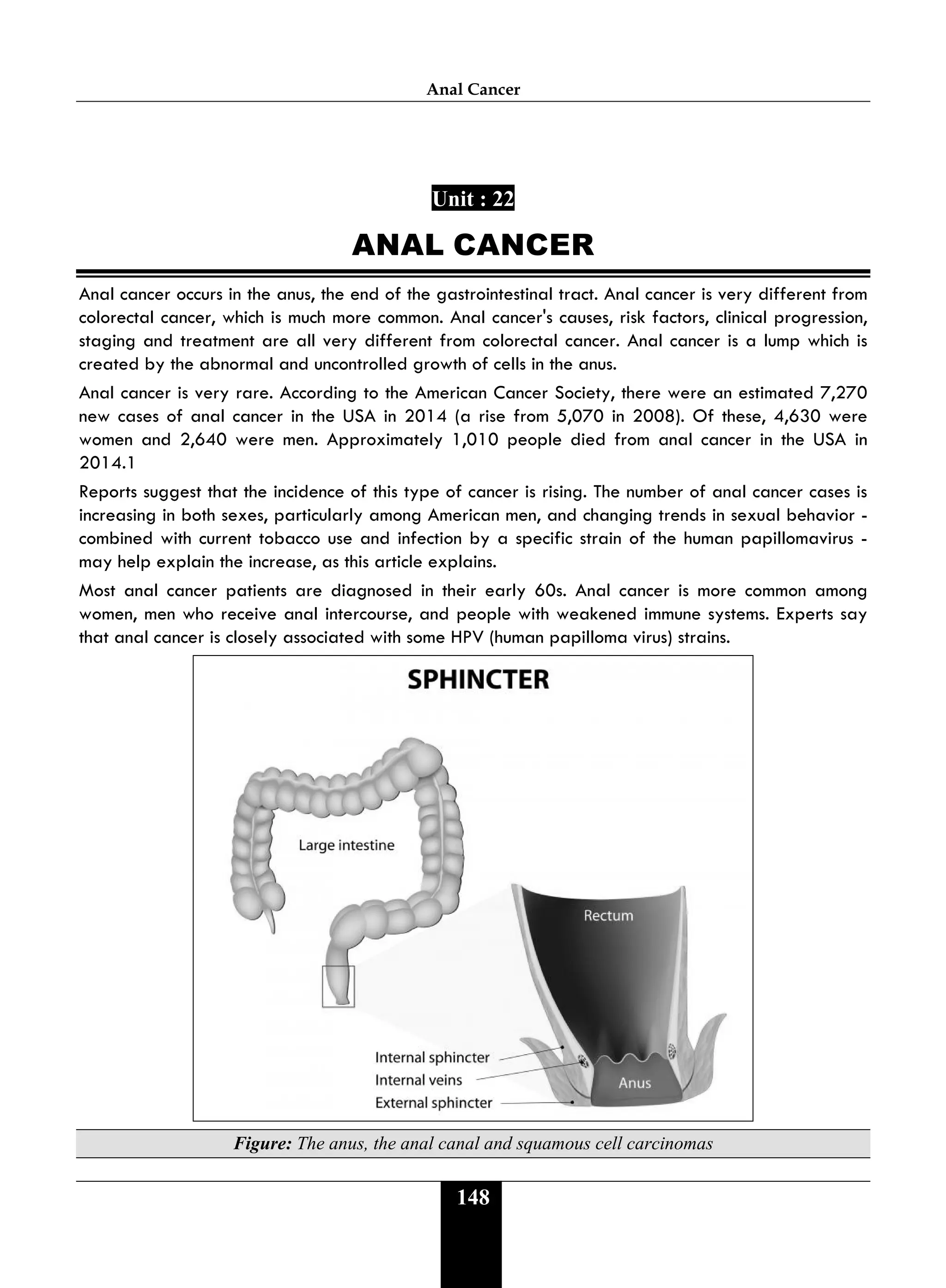 Anal Cancer
148
Unit : 22
ANAL CANCER
Anal cancer occurs in the anus, the end of the gastrointestinal tract. Anal cancer is very different from
colorectal cancer, which is much more common. Anal cancer's causes, risk factors, clinical progression,
staging and treatment are all very different from colorectal cancer. Anal cancer is a lump which is
created by the abnormal and uncontrolled growth of cells in the anus.
Anal cancer is very rare. According to the American Cancer Society, there were an estimated 7,270
new cases of anal cancer in the USA in 2014 (a rise from 5,070 in 2008). Of these, 4,630 were
women and 2,640 were men. Approximately 1,010 people died from anal cancer in the USA in
2014.1
Reports suggest that the incidence of this type of cancer is rising. The number of anal cancer cases is
increasing in both sexes, particularly among American men, and changing trends in sexual behavior -
combined with current tobacco use and infection by a specific strain of the human papillomavirus -
may help explain the increase, as this article explains.
Most anal cancer patients are diagnosed in their early 60s. Anal cancer is more common among
women, men who receive anal intercourse, and people with weakened immune systems. Experts say
that anal cancer is closely associated with some HPV (human papilloma virus) strains.
Figure: The anus, the anal canal and squamous cell carcinomas
 