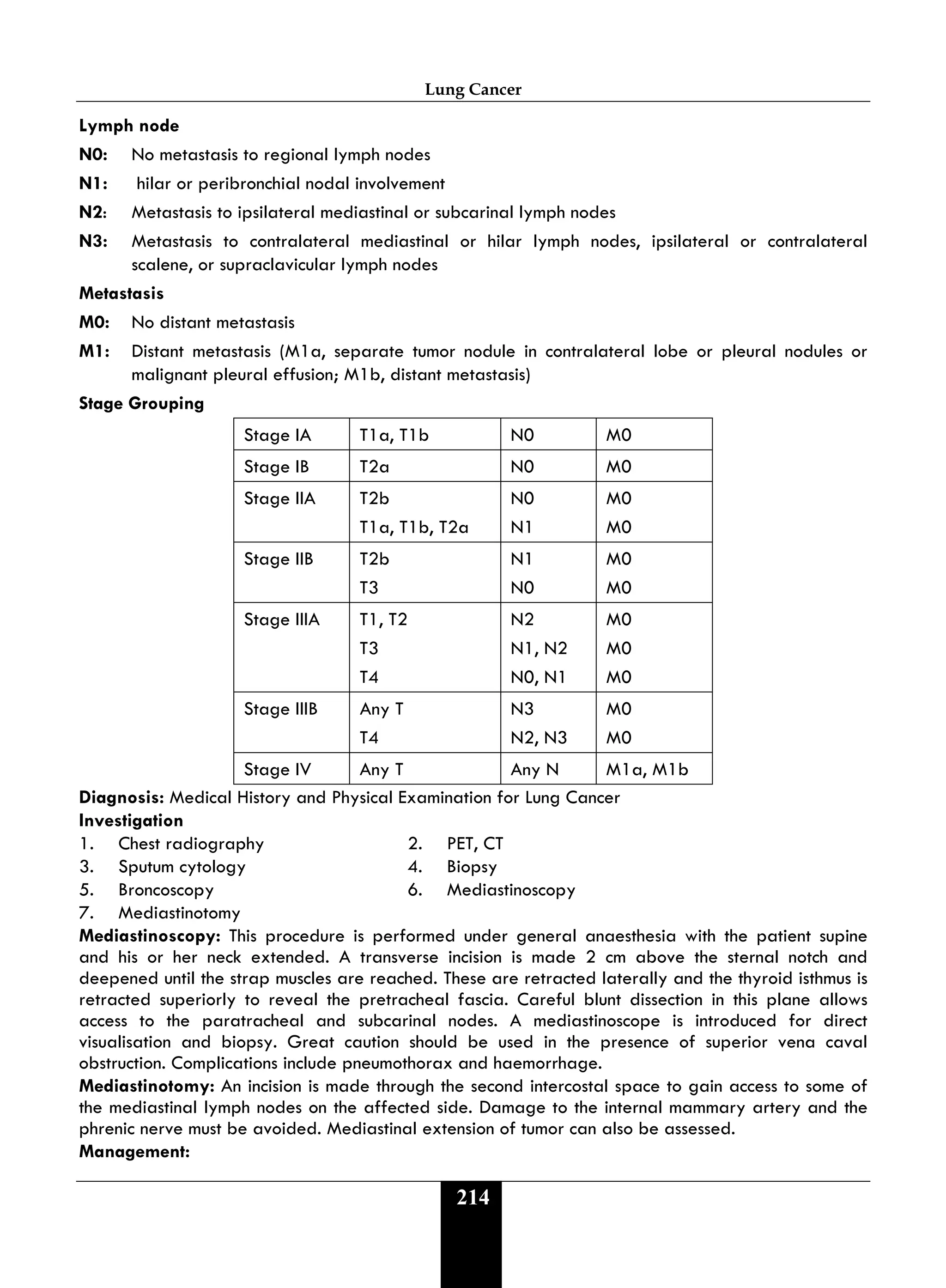 Lung Cancer
214
Lymph node
N0: No metastasis to regional lymph nodes
N1: hilar or peribronchial nodal involvement
N2: Metastasis to ipsilateral mediastinal or subcarinal lymph nodes
N3: Metastasis to contralateral mediastinal or hilar lymph nodes, ipsilateral or contralateral
scalene, or supraclavicular lymph nodes
Metastasis
M0: No distant metastasis
M1: Distant metastasis (M1a, separate tumor nodule in contralateral lobe or pleural nodules or
malignant pleural effusion; M1b, distant metastasis)
Stage Grouping
Stage IA T1a, T1b N0 M0
Stage IB T2a N0 M0
Stage IIA T2b
T1a, T1b, T2a
N0
N1
M0
M0
Stage IIB T2b
T3
N1
N0
M0
M0
Stage IIIA T1, T2
T3
T4
N2
N1, N2
N0, N1
M0
M0
M0
Stage IIIB Any T
T4
N3
N2, N3
M0
M0
Stage IV Any T Any N M1a, M1b
Diagnosis: Medical History and Physical Examination for Lung Cancer
Investigation
1. Chest radiography 2. PET, CT
3. Sputum cytology 4. Biopsy
5. Broncoscopy 6. Mediastinoscopy
7. Mediastinotomy
Mediastinoscopy: This procedure is performed under general anaesthesia with the patient supine
and his or her neck extended. A transverse incision is made 2 cm above the sternal notch and
deepened until the strap muscles are reached. These are retracted laterally and the thyroid isthmus is
retracted superiorly to reveal the pretracheal fascia. Careful blunt dissection in this plane allows
access to the paratracheal and subcarinal nodes. A mediastinoscope is introduced for direct
visualisation and biopsy. Great caution should be used in the presence of superior vena caval
obstruction. Complications include pneumothorax and haemorrhage.
Mediastinotomy: An incision is made through the second intercostal space to gain access to some of
the mediastinal lymph nodes on the affected side. Damage to the internal mammary artery and the
phrenic nerve must be avoided. Mediastinal extension of tumor can also be assessed.
Management:
 
