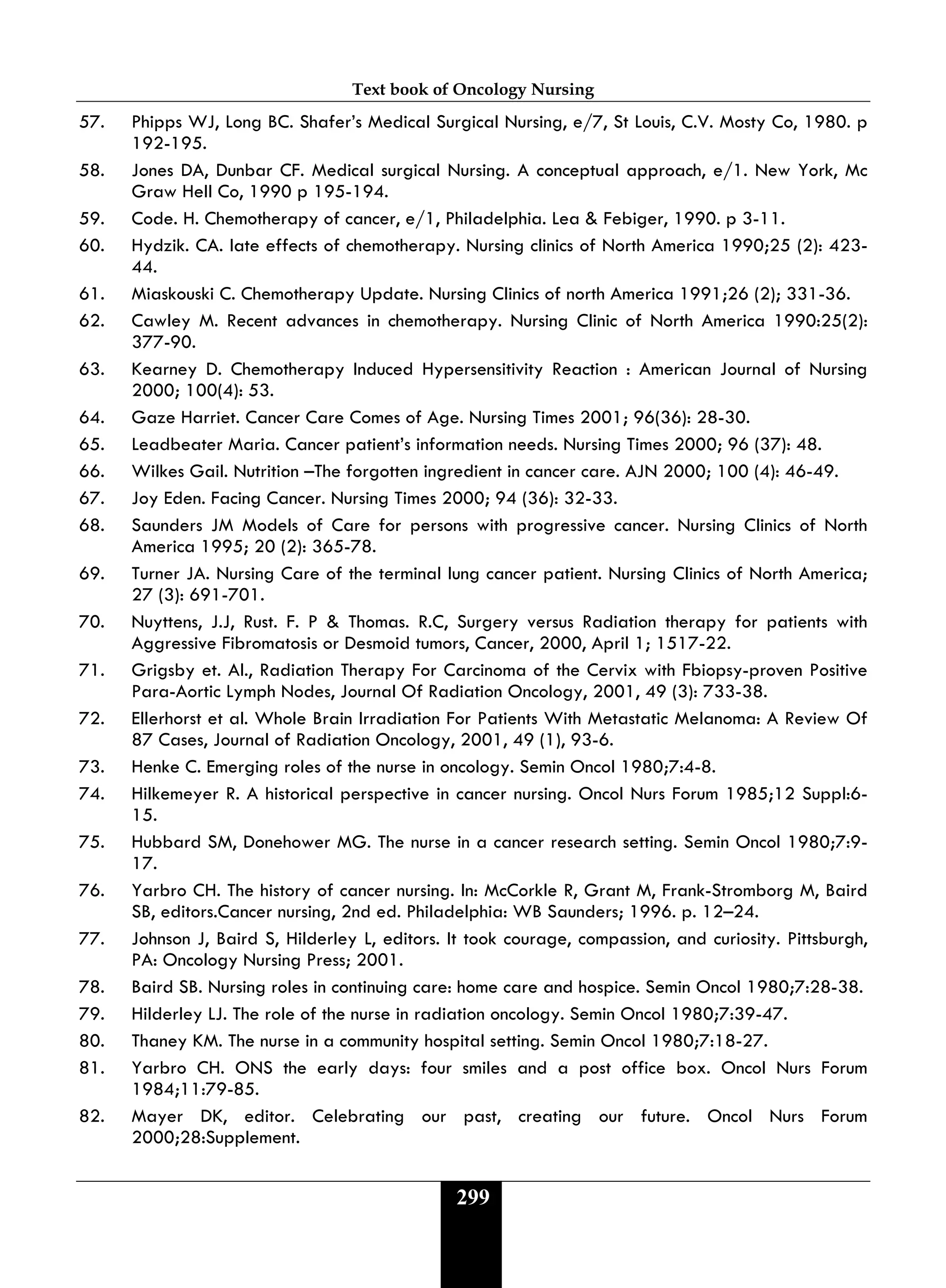 Text book of Oncology Nursing
299
57. Phipps WJ, Long BC. Shafer’s Medical Surgical Nursing, e/7, St Louis, C.V. Mosty Co, 1980. p
192-195.
58. Jones DA, Dunbar CF. Medical surgical Nursing. A conceptual approach, e/1. New York, Mc
Graw Hell Co, 1990 p 195-194.
59. Code. H. Chemotherapy of cancer, e/1, Philadelphia. Lea & Febiger, 1990. p 3-11.
60. Hydzik. CA. late effects of chemotherapy. Nursing clinics of North America 1990;25 (2): 423-
44.
61. Miaskouski C. Chemotherapy Update. Nursing Clinics of north America 1991;26 (2); 331-36.
62. Cawley M. Recent advances in chemotherapy. Nursing Clinic of North America 1990:25(2):
377-90.
63. Kearney D. Chemotherapy Induced Hypersensitivity Reaction : American Journal of Nursing
2000; 100(4): 53.
64. Gaze Harriet. Cancer Care Comes of Age. Nursing Times 2001; 96(36): 28-30.
65. Leadbeater Maria. Cancer patient’s information needs. Nursing Times 2000; 96 (37): 48.
66. Wilkes Gail. Nutrition –The forgotten ingredient in cancer care. AJN 2000; 100 (4): 46-49.
67. Joy Eden. Facing Cancer. Nursing Times 2000; 94 (36): 32-33.
68. Saunders JM Models of Care for persons with progressive cancer. Nursing Clinics of North
America 1995; 20 (2): 365-78.
69. Turner JA. Nursing Care of the terminal lung cancer patient. Nursing Clinics of North America;
27 (3): 691-701.
70. Nuyttens, J.J, Rust. F. P & Thomas. R.C, Surgery versus Radiation therapy for patients with
Aggressive Fibromatosis or Desmoid tumors, Cancer, 2000, April 1; 1517-22.
71. Grigsby et. Al., Radiation Therapy For Carcinoma of the Cervix with Fbiopsy-proven Positive
Para-Aortic Lymph Nodes, Journal Of Radiation Oncology, 2001, 49 (3): 733-38.
72. Ellerhorst et al. Whole Brain Irradiation For Patients With Metastatic Melanoma: A Review Of
87 Cases, Journal of Radiation Oncology, 2001, 49 (1), 93-6.
73. Henke C. Emerging roles of the nurse in oncology. Semin Oncol 1980;7:4-8.
74. Hilkemeyer R. A historical perspective in cancer nursing. Oncol Nurs Forum 1985;12 Suppl:6-
15.
75. Hubbard SM, Donehower MG. The nurse in a cancer research setting. Semin Oncol 1980;7:9-
17.
76. Yarbro CH. The history of cancer nursing. In: McCorkle R, Grant M, Frank-Stromborg M, Baird
SB, editors.Cancer nursing, 2nd ed. Philadelphia: WB Saunders; 1996. p. 12–24.
77. Johnson J, Baird S, Hilderley L, editors. It took courage, compassion, and curiosity. Pittsburgh,
PA: Oncology Nursing Press; 2001.
78. Baird SB. Nursing roles in continuing care: home care and hospice. Semin Oncol 1980;7:28-38.
79. Hilderley LJ. The role of the nurse in radiation oncology. Semin Oncol 1980;7:39-47.
80. Thaney KM. The nurse in a community hospital setting. Semin Oncol 1980;7:18-27.
81. Yarbro CH. ONS the early days: four smiles and a post office box. Oncol Nurs Forum
1984;11:79-85.
82. Mayer DK, editor. Celebrating our past, creating our future. Oncol Nurs Forum
2000;28:Supplement.
 