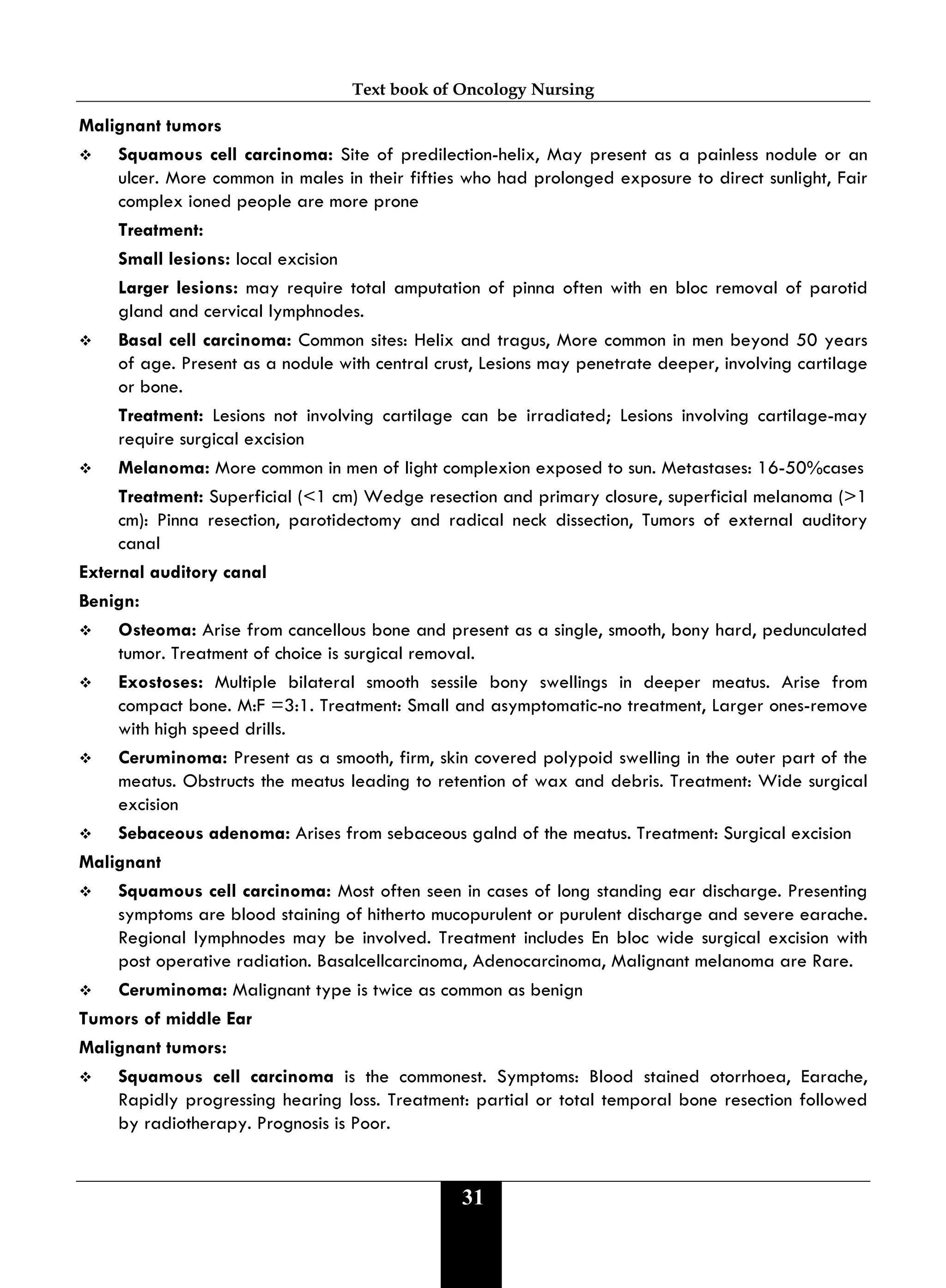 Text book of Oncology Nursing
31
Malignant tumors
 Squamous cell carcinoma: Site of predilection-helix, May present as a painless nodule or an
ulcer. More common in males in their fifties who had prolonged exposure to direct sunlight, Fair
complex ioned people are more prone
Treatment:
Small lesions: local excision
Larger lesions: may require total amputation of pinna often with en bloc removal of parotid
gland and cervical lymphnodes.
 Basal cell carcinoma: Common sites: Helix and tragus, More common in men beyond 50 years
of age. Present as a nodule with central crust, Lesions may penetrate deeper, involving cartilage
or bone.
Treatment: Lesions not involving cartilage can be irradiated; Lesions involving cartilage-may
require surgical excision
 Melanoma: More common in men of light complexion exposed to sun. Metastases: 16-50%cases
Treatment: Superficial (<1 cm) Wedge resection and primary closure, superficial melanoma (>1
cm): Pinna resection, parotidectomy and radical neck dissection, Tumors of external auditory
canal
External auditory canal
Benign:
 Osteoma: Arise from cancellous bone and present as a single, smooth, bony hard, pedunculated
tumor. Treatment of choice is surgical removal.
 Exostoses: Multiple bilateral smooth sessile bony swellings in deeper meatus. Arise from
compact bone. M:F =3:1. Treatment: Small and asymptomatic-no treatment, Larger ones-remove
with high speed drills.
 Ceruminoma: Present as a smooth, firm, skin covered polypoid swelling in the outer part of the
meatus. Obstructs the meatus leading to retention of wax and debris. Treatment: Wide surgical
excision
 Sebaceous adenoma: Arises from sebaceous galnd of the meatus. Treatment: Surgical excision
Malignant
 Squamous cell carcinoma: Most often seen in cases of long standing ear discharge. Presenting
symptoms are blood staining of hitherto mucopurulent or purulent discharge and severe earache.
Regional lymphnodes may be involved. Treatment includes En bloc wide surgical excision with
post operative radiation. Basalcellcarcinoma, Adenocarcinoma, Malignant melanoma are Rare.
 Ceruminoma: Malignant type is twice as common as benign
Tumors of middle Ear
Malignant tumors:
 Squamous cell carcinoma is the commonest. Symptoms: Blood stained otorrhoea, Earache,
Rapidly progressing hearing loss. Treatment: partial or total temporal bone resection followed
by radiotherapy. Prognosis is Poor.
 