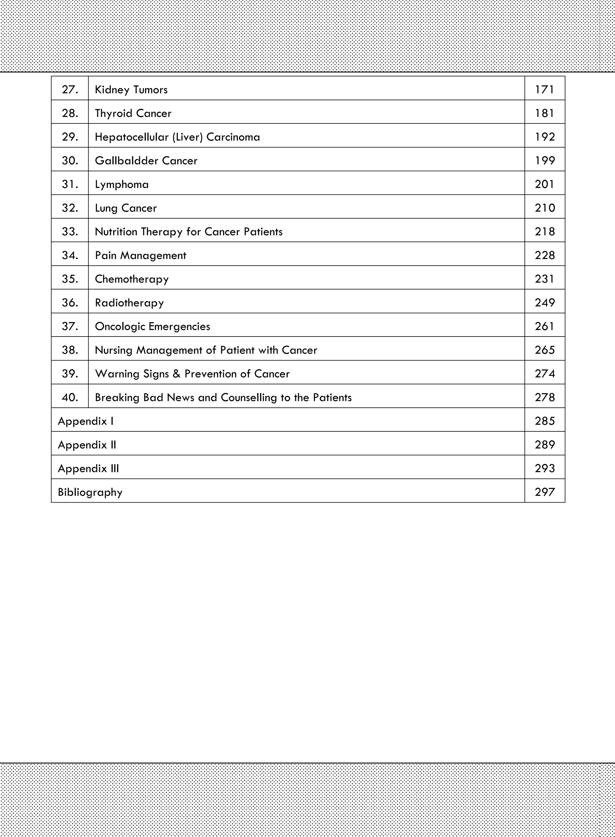 27. Kidney Tumors 171
28. Thyroid Cancer 181
29. Hepatocellular (Liver) Carcinoma 192
30. Gallbaldder Cancer 199
31. Lymphoma 201
32. Lung Cancer 210
33. Nutrition Therapy for Cancer Patients 218
34. Pain Management 228
35. Chemotherapy 231
36. Radiotherapy 249
37. Oncologic Emergencies 261
38. Nursing Management of Patient with Cancer 265
39. Warning Signs & Prevention of Cancer 274
40. Breaking Bad News and Counselling to the Patients 278
Appendix I 285
Appendix II 289
Appendix III 293
Bibliography 297
 