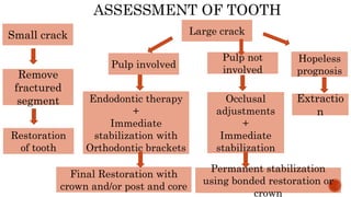 Remove
fractured
segment
Restoration
of tooth
Large crack
Pulp involved
Small crack
Pulp not
involved
Hopeless
prognosis
Endodontic therapy
+
Immediate
stabilization with
Orthodontic brackets
Final Restoration with
crown and/or post and core
Occlusal
adjustments
+
Immediate
stabilization
Permanent stabilization
using bonded restoration or
crown
Extractio
n
ASSESSMENT OF TOOTH
 