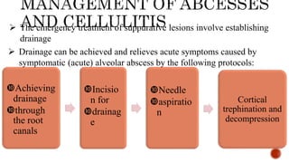  The emergency treatment of suppurative lesions involve establishing
drainage
 Drainage can be achieved and relieves acute symptoms caused by
symptomatic (acute) alveolar abscess by the following protocols:
Achieving
drainage
through
the root
canals
Incisio
n for
drainag
e
Needle
aspiratio
n
Cortical
trephination and
decompression
 