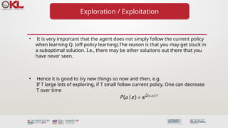 Exploration / Exploitation
• It is very important that the agent does not simply follow the current policy
when learning Q. (off-policy learning).The reason is that you may get stuck in
a suboptimal solution. I.e., there may be other solutions out there that you
have never seen.
• Hence it is good to try new things so now and then, e.g.
If T large lots of exploring, if T small follow current policy. One can decrease
T over time
ˆ( , )/
( | ) eQ s a T
P a s 
 