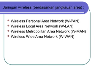 Jaringan wireless (berdasarkan jangkauan area) :
 Wireless Personal Area Network (W-PAN)
 Wireless Local Area Network (W-LAN)
 Wireless Metropolitan Area Network (W-MAN)
 Wireless Wide Area Network (W-WAN)
 
