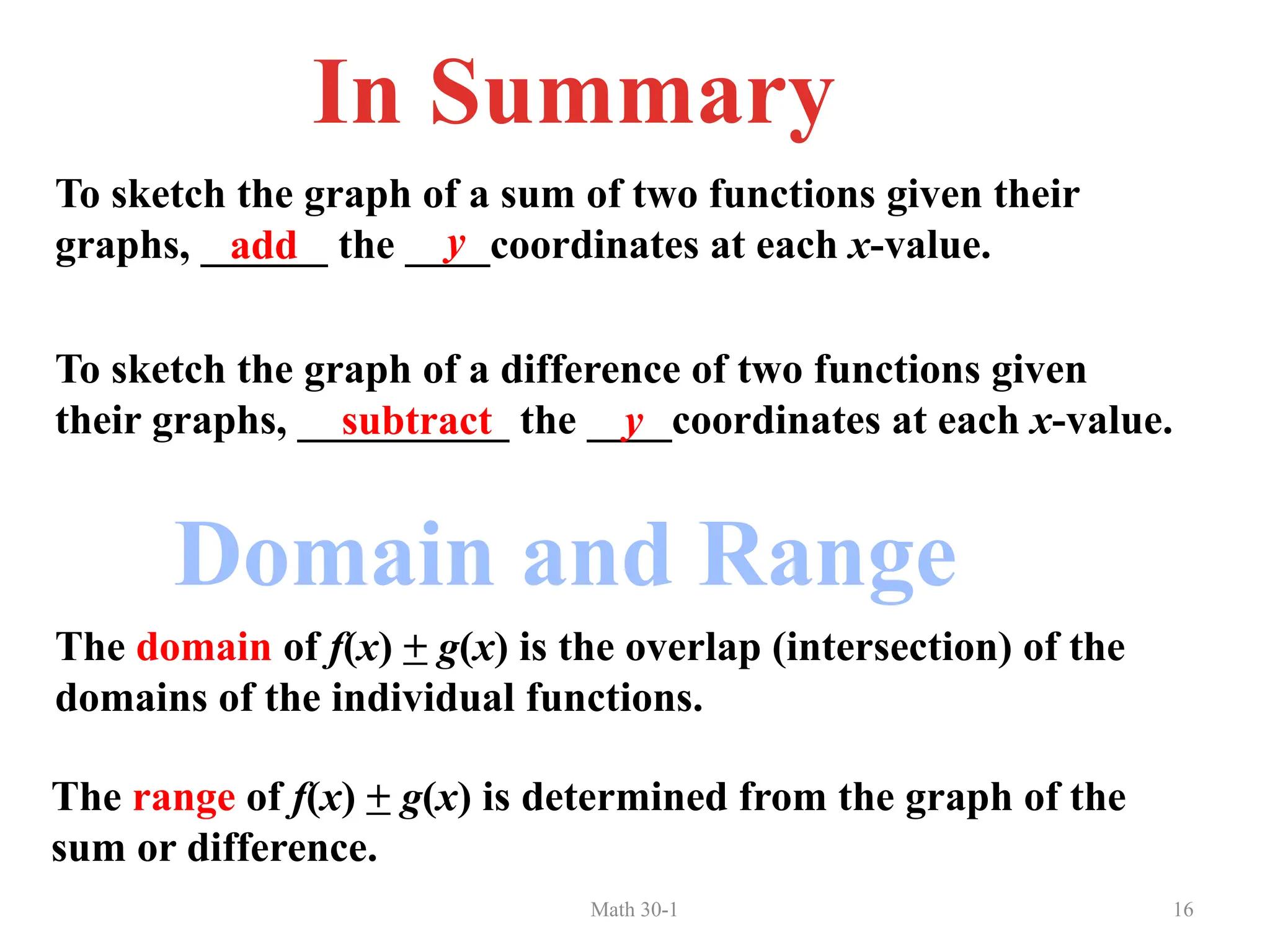 Math 30-1 16
In Summary
To sketch the graph of a sum of two functions given their
graphs, ______ the ____coordinates at each x-value.
add y
To sketch the graph of a difference of two functions given
their graphs, __________ the ____coordinates at each x-value.
subtract y
Domain and Range
The domain of f(x) + g(x) is the overlap (intersection) of the
domains of the individual functions.
The range of f(x) + g(x) is determined from the graph of the
sum or difference.
 