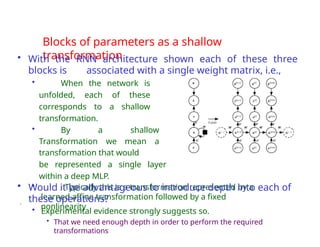 Blocks of parameters as a shallow
transformation
• With the RNN architecture shown each of these three
blocks is associated with a single weight matrix, i.e.,
• When the network is
unfolded, each of these
corresponds to a shallow
transformation.
• By a shallow
Transformation we mean a
transformation that would
be represented a single layer
within a deep MLP.
• Typically this is a transformation represented by a
learned affine transformation followed by a fixed
nonlinearity
• Would it be advantageous to introduce depth into each of
these operations?
• Experimental evidence strongly suggests so.
• That we need enough depth in order to perform the required
transformations
.
 