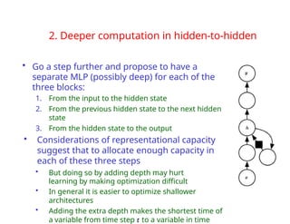 2. Deeper computation in hidden-to-hidden
• Go a step further and propose to have a
separate MLP (possibly deep) for each of the
three blocks:
1. From the input to the hidden state
2. From the previous hidden state to the next hidden
state
3. From the hidden state to the output
• Considerations of representational capacity
suggest that to allocate enough capacity in
each of these three steps
• But doing so by adding depth may hurt
learning by making optimization difficult
• In general it is easier to optimize shallower
architectures
• Adding the extra depth makes the shortest time of
a variable from time step t to a variable in time
 