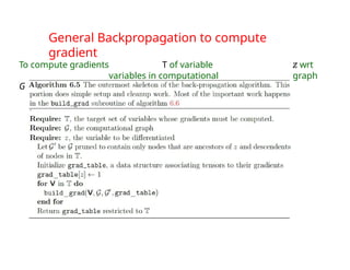 General Backpropagation to compute
gradient
To compute gradients T of variable z wrt
variables in computational graph
G
 