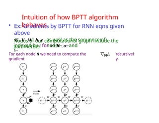 Intuition of how BPTT algorithm
behaves
• Ex: Gradients by BPTT for RNN eqns given
above
Nodes of our computational graph include the
parameters
U, V, W, b, c as well as the sequence of
nodes
indexed by t for x(t), h(t), o(t) and
L(t)
For each node N we need to compute the
gradient
recursivel
y
 