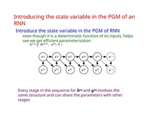 Introducing the state variable in the PGM of an
RNN
Introduce the state variable in the PGM of RNN
even though it is a deterministic function of its inputs, helps
see we get efficient parameterization
h(t)=f (h(t-1) , x(t); θ )
Every stage in the sequence for h(t) and y(t) involves the
same structure and can share the parameters with other
stages
 